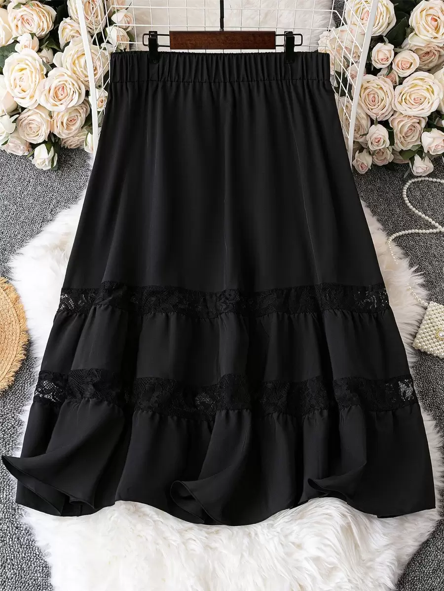SHEIN Holidaya Váy Plus Size Tương phản ren màu trơn Giải trí - màu đen - Xem 1