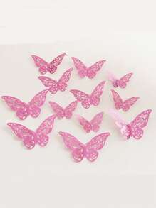 12pcs Hollow Out Butterfly Sticker, Modern Paper Pink Self Adhesive 3D Butterfly Wall Decor For Home - Pink - View 1