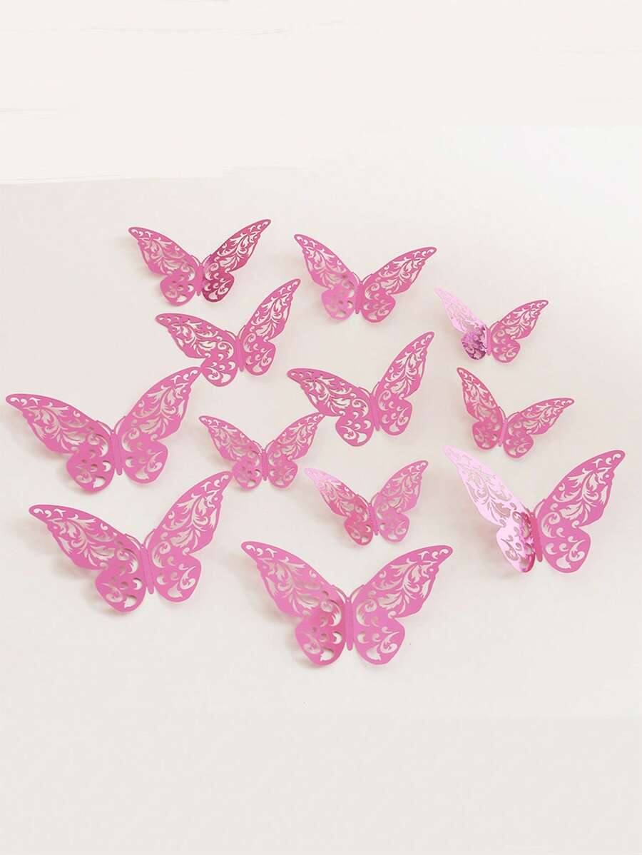 12pcs Hollow Out Butterfly Sticker, Modern Paper Pink Self Adhesive 3D Butterfly Wall Decor For Home - Pink - View 1