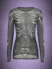 Skeleton Print Mesh Top - Black - View 1