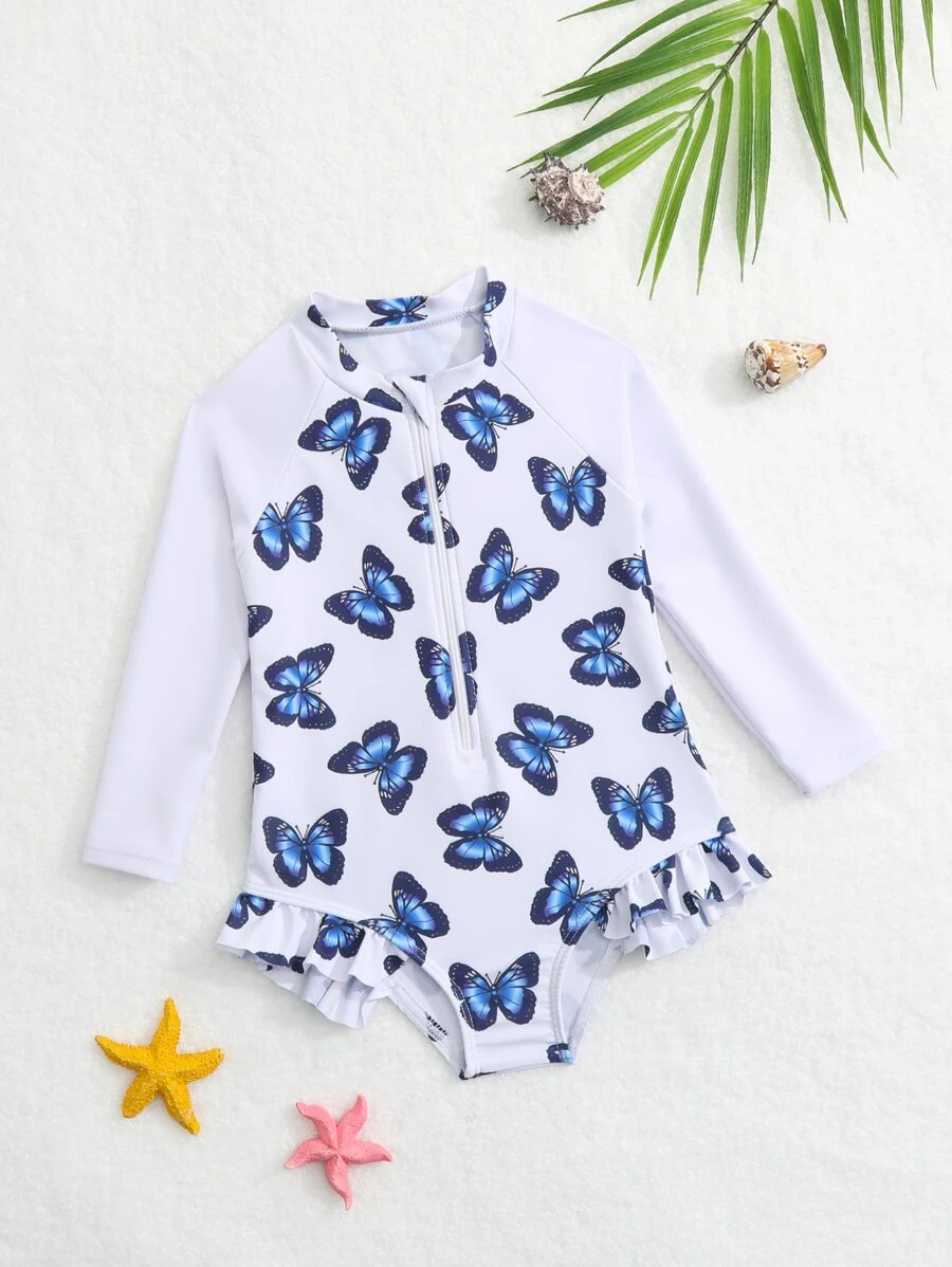 Baby Girl Butterfly Print Zipper Front Frill Trim One Piece Swimsuit - White - View 1