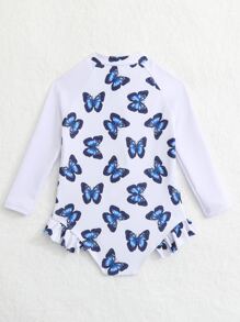 Baby Girl Butterfly Print Zipper Front Frill Trim One Piece Swimsuit - White - View 2
