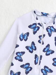 Baby Girl Butterfly Print Zipper Front Frill Trim One Piece Swimsuit - White - View 3