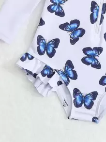 Baby Girl Butterfly Print Zipper Front Frill Trim One Piece Swimsuit - White - View 4