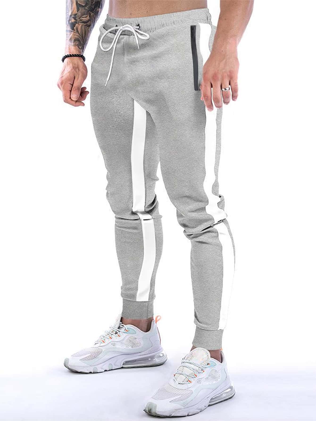 Manfinity Sport Corelite 男士拼接側邊接縫腰部抽繩斜口袋運動褲 - 淺灰色 - 查看 1