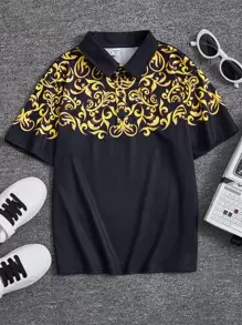 SHEIN 男孩1入組巴洛克風格圖案POLO衫 - 黑色 - 查看 1