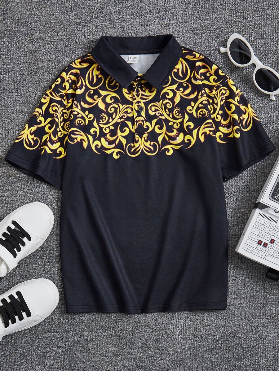 SHEIN 男孩1入組巴洛克風格圖案POLO衫 - 黑色 - 查看 1