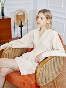 Solid V Neck Lantern Sleeve Fold Pleated Detail Dress - Beige - View 5