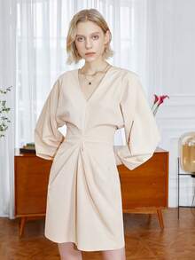 Solid V Neck Lantern Sleeve Fold Pleated Detail Dress - Beige - View 8