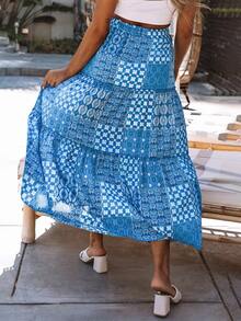 幾何印花荷葉邊半身裙 - 藍色 - 查看 2