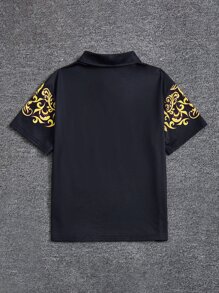 SHEIN 男孩1入組巴洛克風格圖案POLO衫 - 黑色 - 查看 2