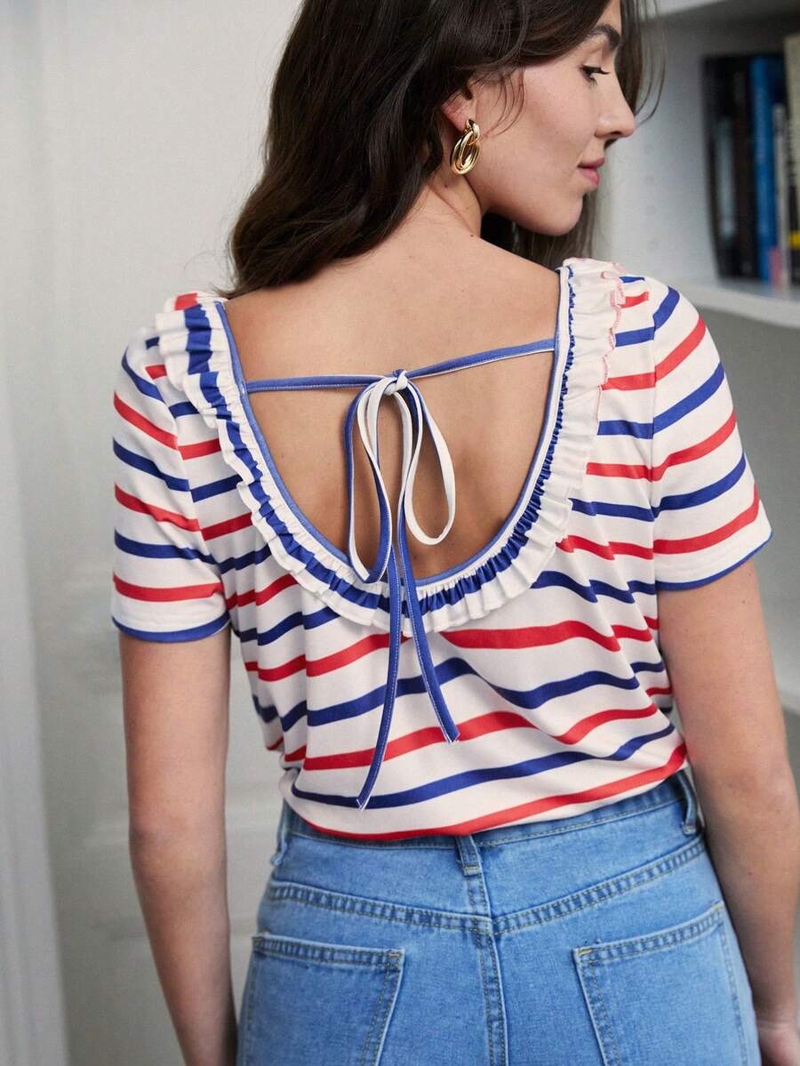 SHEIN Frenchy Striped Tie Backless Frill Trim Tee - Multicolor - View 1
