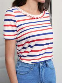 SHEIN Frenchy Striped Tie Backless Frill Trim Tee - Multicolor - View 4