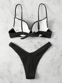 Summer Beach Textured Tie Back Push Up Bikini Set - Black - View 2