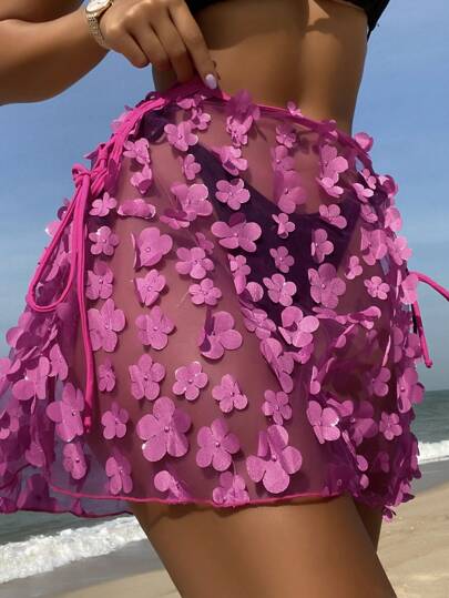 Floral Appliques Sheer Mesh Summer Beach Vacation Cover Up Skirt