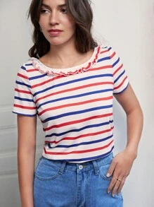 SHEIN Frenchy Striped Tie Backless Frill Trim Tee - Multicolor - View 5
