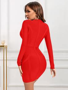 Plunge Zipper Front Bandage Dress - Red - View 2