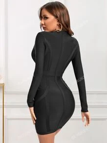 Long Sleeve Deep V Bandage Short Sexy Party Dress, Autumn-Winter