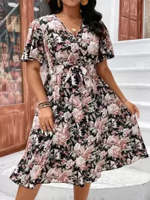 SHEIN LUNE Dress Ukuran Plus Berikat Membungkus Bunga All Over Print Boho - MultiWarna - View 1