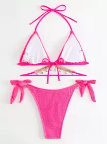 SHEIN Swim Ensemble de Bikini texturé de plage d'été, décor de chaîne en strass, Top de soutien-gorge Triangle et bas de Bikini à nouer sur le côté, 2 pièces