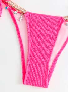 SHEIN Swim Ensemble de Bikini texturé de plage d'été, décor de chaîne en strass, Top de soutien-gorge Triangle et bas de Bikini à nouer sur le côté, 2 pièces