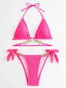 SHEIN Swim Ensemble de Bikini texturé de plage d'été, décor de chaîne en strass, Top de soutien-gorge Triangle et bas de Bikini à nouer sur le côté, 2 pièces