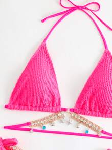 SHEIN Swim Ensemble de Bikini texturé de plage d'été, décor de chaîne en strass, Top de soutien-gorge Triangle et bas de Bikini à nouer sur le côté, 2 pièces