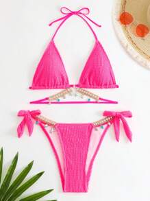 SHEIN Swim Ensemble de Bikini texturé de plage d'été, décor de chaîne en strass, Top de soutien-gorge Triangle et bas de Bikini à nouer sur le côté, 2 pièces