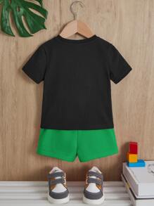 SHEIN 男嬰標語圖案T恤和短褲 - 綠色 - 查看 2