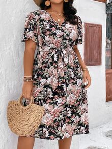 SHEIN LUNE Dress Ukuran Plus Berikat Membungkus Bunga All Over Print Boho - MultiWarna - View 5
