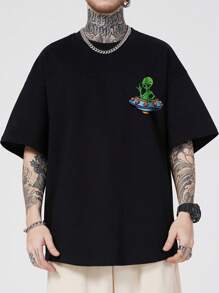 ROMWE MEN Street Life 男式标语与外星人印花落肩 Y2k T 恤，学校 - 黑色 - 查看 2