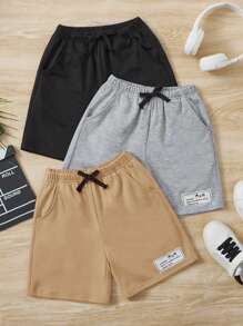 SHEIN Toddler Boys 3pcs Slogan Patched Detail Bow Front Shorts - Khaki - View 1