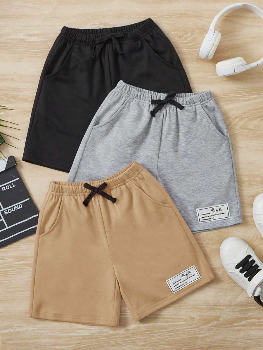 SHEIN Toddler Boys 3pcs Slogan Patched Detail Bow Front Shorts - Khaki - View 1