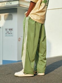 Men Contrast Side Seam Slant Pocket Pants - Olive Green - View 2