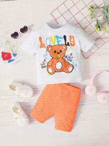 SHEIN 嬰兒熊和字母圖案T恤和短褲 - 橘色 - 查看 1