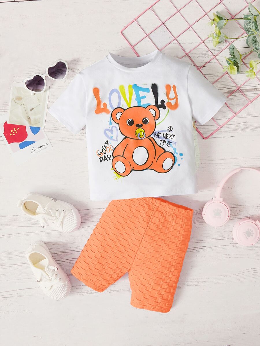 SHEIN 嬰兒熊和字母圖案T恤和短褲 - 橘色 - 查看 1