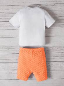 SHEIN 嬰兒熊和字母圖案T恤和短褲 - 橘色 - 查看 2