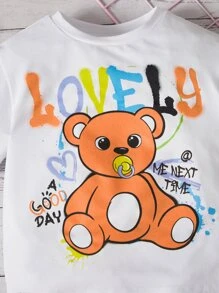 SHEIN 嬰兒熊和字母圖案T恤和短褲 - 橘色 - 查看 4