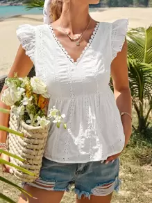SHEIN Frenchy Áo sơ mi nữ Lộ Lưng Buộc lại Tranh thêu màu trơn Boho - trắng - Xem 6