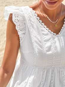 SHEIN Frenchy Áo sơ mi nữ Lộ Lưng Buộc lại Tranh thêu màu trơn Boho - trắng - Xem 7