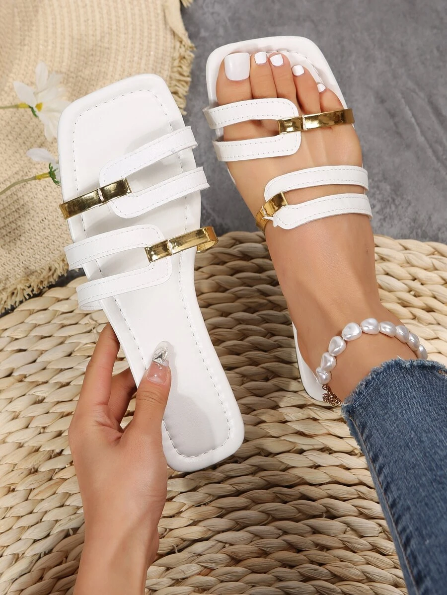 女士雙色鏤空時尚夏天平底涼鞋 - 白色 - 查看 1