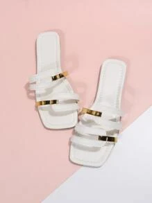 女士雙色鏤空時尚夏天平底涼鞋 - 白色 - 查看 2