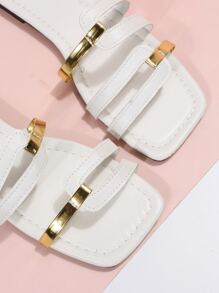 女士雙色鏤空時尚夏天平底涼鞋 - 白色 - 查看 4