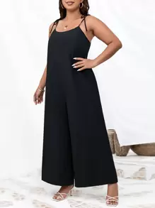 SHEIN LUNE 大碼素色肩部打結闊腿吊帶連體褲 - 黑色 - 查看 1