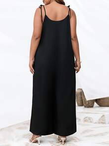 SHEIN LUNE 大碼素色肩部打結闊腿吊帶連體褲 - 黑色 - 查看 2