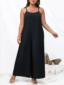 SHEIN LUNE 大碼素色肩部打結闊腿吊帶連體褲 - 黑色 - 查看 3