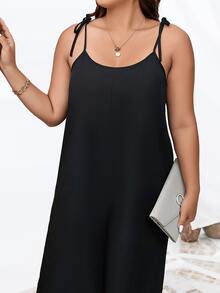 SHEIN LUNE 大碼素色肩部打結闊腿吊帶連體褲 - 黑色 - 查看 5