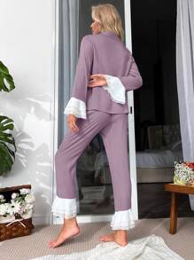 Bộ đồ ngủ Nữ phân lớp Nút phía trước Xù Khối Màu Thanh lịch - Bụi tím - Xem 2