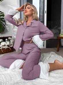Bộ đồ ngủ Nữ phân lớp Nút phía trước Xù Khối Màu Thanh lịch - Bụi tím - Xem 4