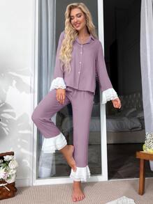 Bộ đồ ngủ Nữ phân lớp Nút phía trước Xù Khối Màu Thanh lịch - Bụi tím - Xem 6